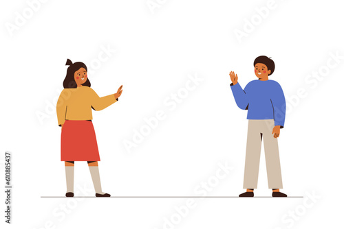 Teen girl and boy waving hand to each other. Friends Or siblings say hello with hi gesture. School children greet with raised hands. Friendship and good communication concept. Vector illustration