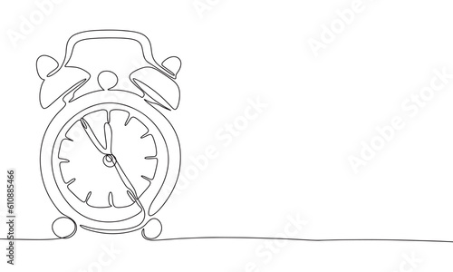 Alarm o'clock one line continuous. Line art, outline isolated on white background. Vector illustration.