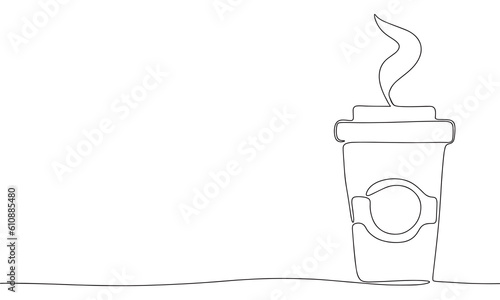 Cup of coffee take away one line continuous. Line art, outline isolated on white background. Vector illustration.
