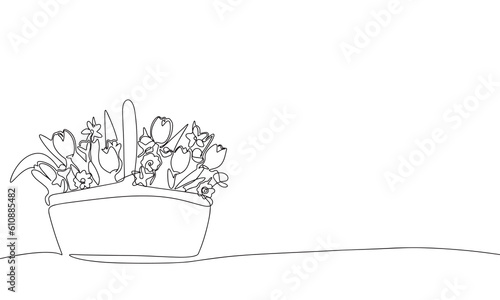 Bouquet of flowers in basket, one line continuous. Line art, outline isolated on white background. Vector illustration.