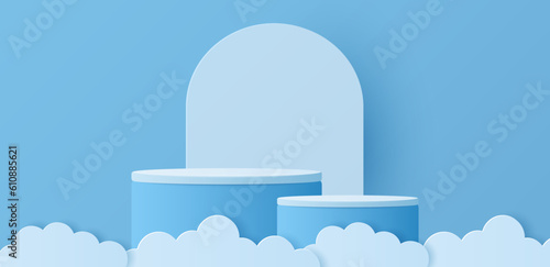 Paper cut of clouds with white cylinder podium for your product presentation, mockup, show cosmetic. Vector illustration
