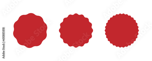 Wavy edge circle sticker. Star burst shape tags for price. Blank sale round sticker. Empty promo badge. Simple circle red wax seal. Vector illustrations set isolated on white background.