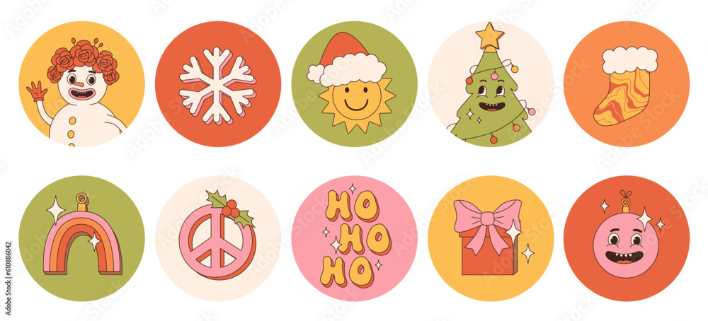 Groovy hippie Christmas round stickers. Santa Claus, Christmas tree, gifts, rainbow, peace, ho ho ho, winter, gingerbread in trendy retro cartoon style. Cartoon characters and elements. Groovy hippie Christmas round stickers. Santa Claus, Christmas tree, gifts, rainbow, peace, ho ho ho, winter, gingerbread in trendy retro cartoon style. Cartoon characters and elements.