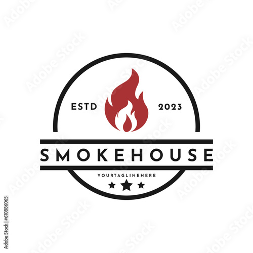 Vintage retro smoke house grill logo design idea