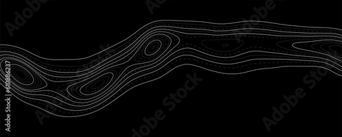 Topographic contour map on black background. Geographic line map with elevation assignments. Concept geographic grid. Vector illustration.