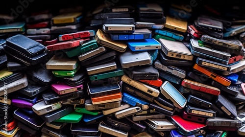Smartphones Piled Up: A Visual Commentary on E-waste and Planned Obsolescence. AI - Generative.