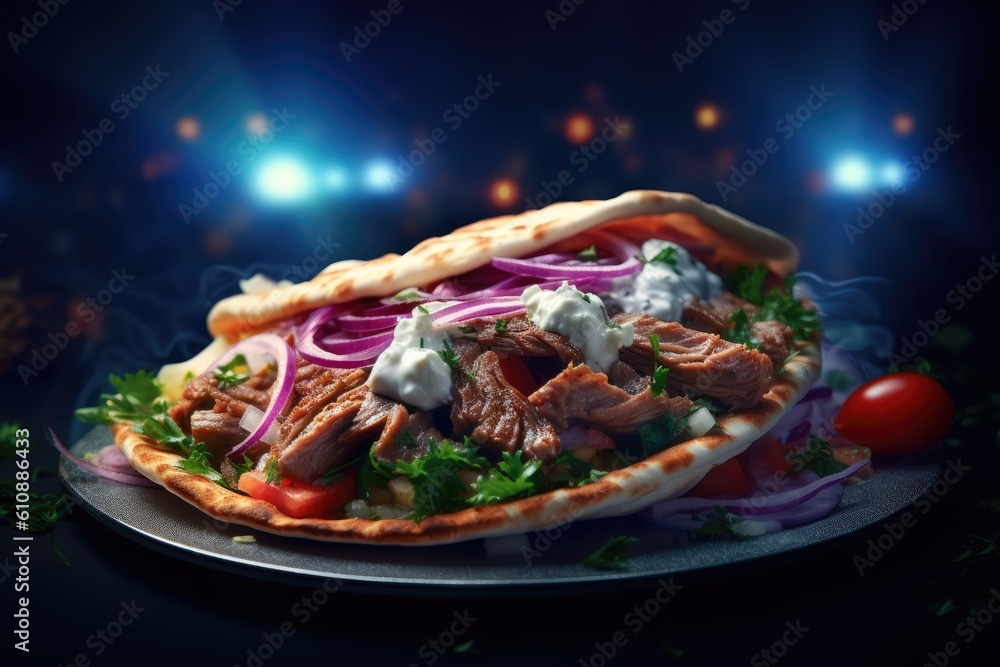 Greek Gyro Lamb Feta Cheese Red Onions Tzatziki Sauce Background Image Greek Gyro Lamb Feta Cheese Red Onions Tzatziki Sauce Background Image