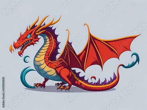 Fairy tale dragon, magic creature with tail and wings. cartoon illustration of fire breathing monsters from medieval mythology, fantasy red and green flying beasts isola, Generative AI, Generative, AI