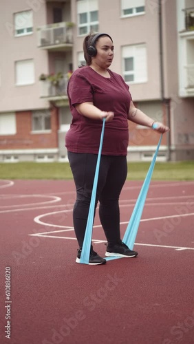 Vertical shot of an overweight girl doing exercises with resistance bands on a basketball court in an urban city photo