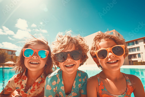 Three little kids in funny sunglasses on the edge of the pool
