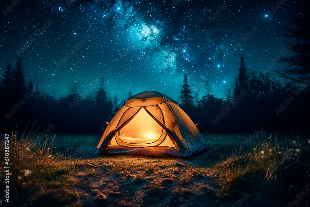 Lonely tent at night with the starry sky in the background