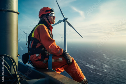 Worker on top of an offshore wind turbine looking at the ocean photo