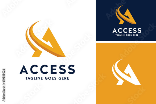 Golden Initial Letter A with Swoosh for Access Aviator Airplane Airline Aircraft logo design