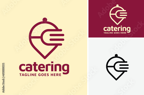 Fork with Lid Dome Cover and GPS Pointer Pin for Restaurant Food Drink Address Location Delivery Order logo icon design