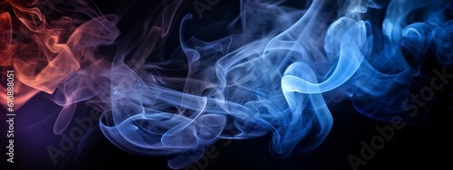 Abstract red pink blue colored smoke texture, isolated on black background banner wide Generative AI