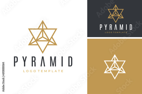 Gold Hexagram Line Art, Golden 6 Pointed Star with triangle prism logo design
