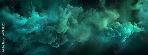 Abstract paint water. Color mist. Magic spell mystery. Dark green contrast vapor floating splash cloud texture background banner Generative AI