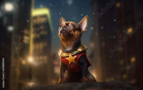 Cityscape Guardian: Brussels Griffon Dog Superhero. Generative AI