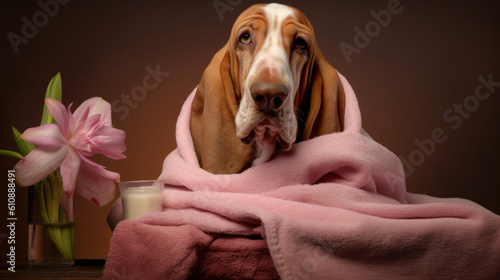Tranquil Doggy Spa: Basset Hound Rests and Rejuvenates. Generative AI