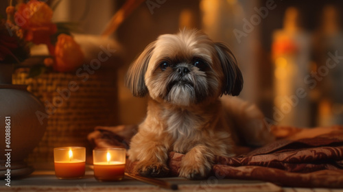 Candles and Flowers for Pekingese Spa. Generative AI