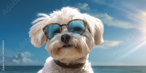 Beach Breezy: Maltese Dog Wearing Sunglasses, Spreading Happiness with a Playful Attitude. Generative AI