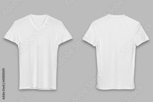 Black White v-neck t-shirt template. Short sleeve t-shirt realistic mockup, isolated on a grey background. Front and back sides.3d rendering.