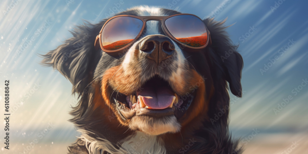 Beach Barks and Funny Smiles: Cute Bernese Mountain Dog in Sunglasses. Generative AI.