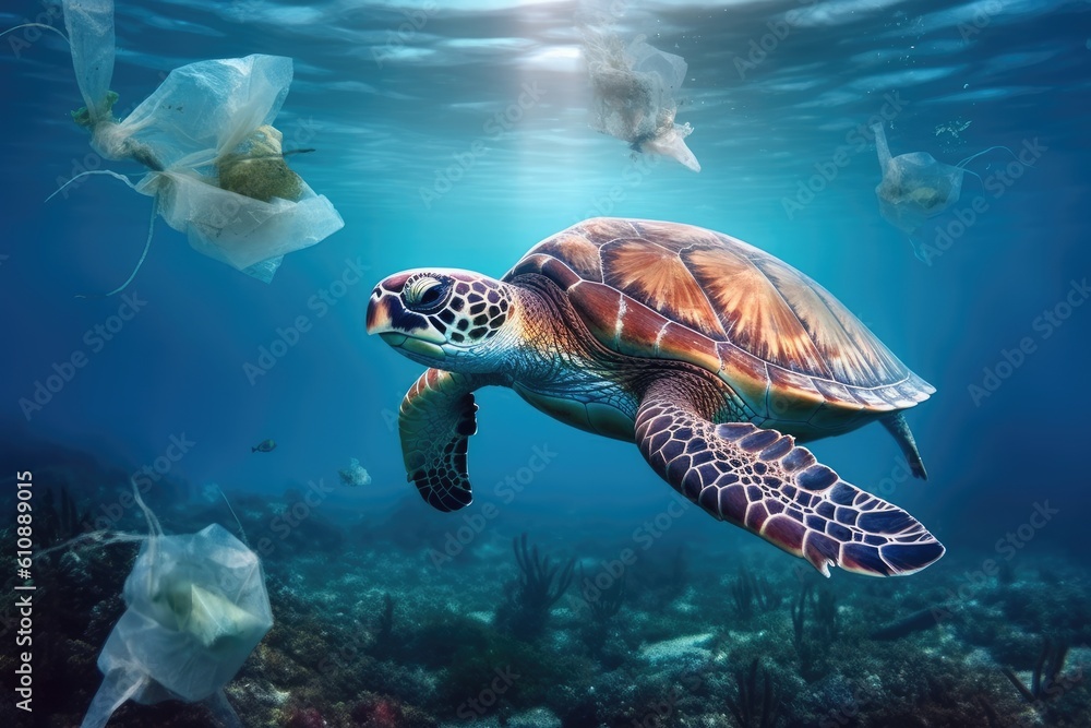 Fototapeta premium World ocean pollution, Turtle and plastic bags underwater. Generative AI