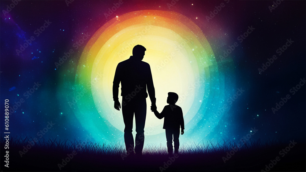 Abstract colourful ink background father and son holding hands together silhouette generative AI Abstract colourful ink background father and son holding hands together silhouette generative AI