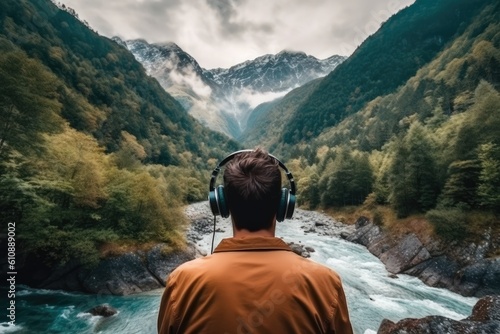 Relaxation in mountains. Young man with headphones sitting on the edge of cliff and listening music. Generative AI