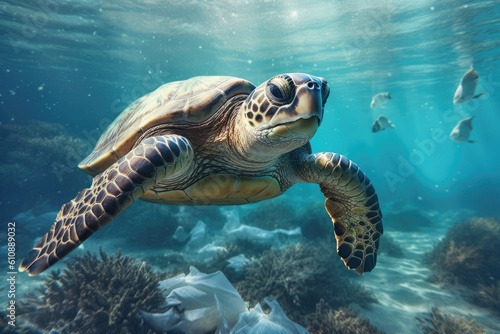 World ocean pollution  Turtle and plastic bags underwater. Generative AI