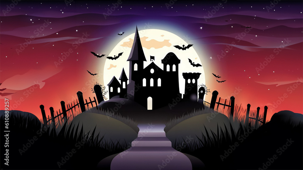 Photo 2d Halloween background with tombs trees bats tombstones grave flat vector generative AI