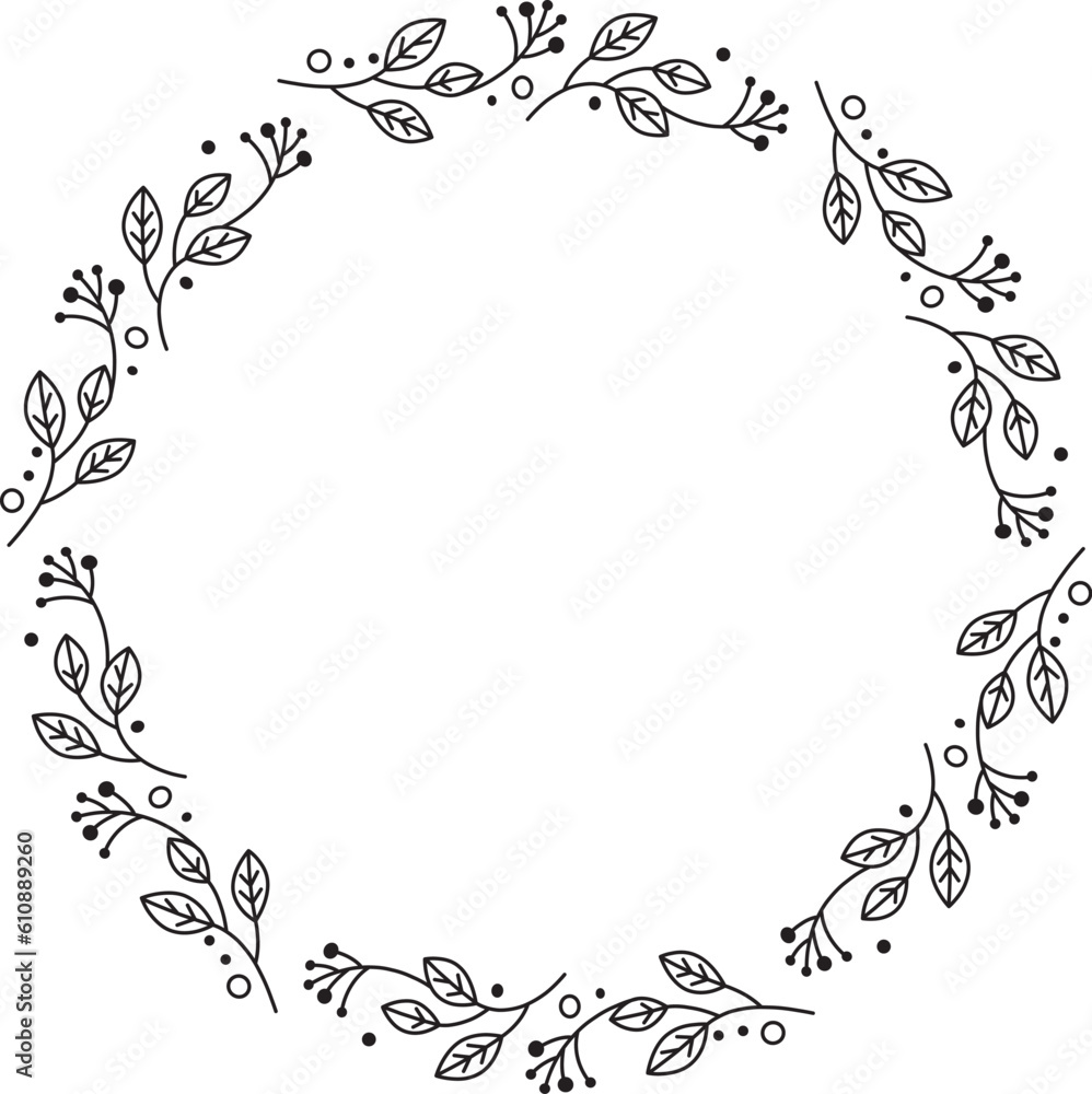 Floral wreath in line art style.  Circle of leaves from outlines. Doodle style. Vector illustration.