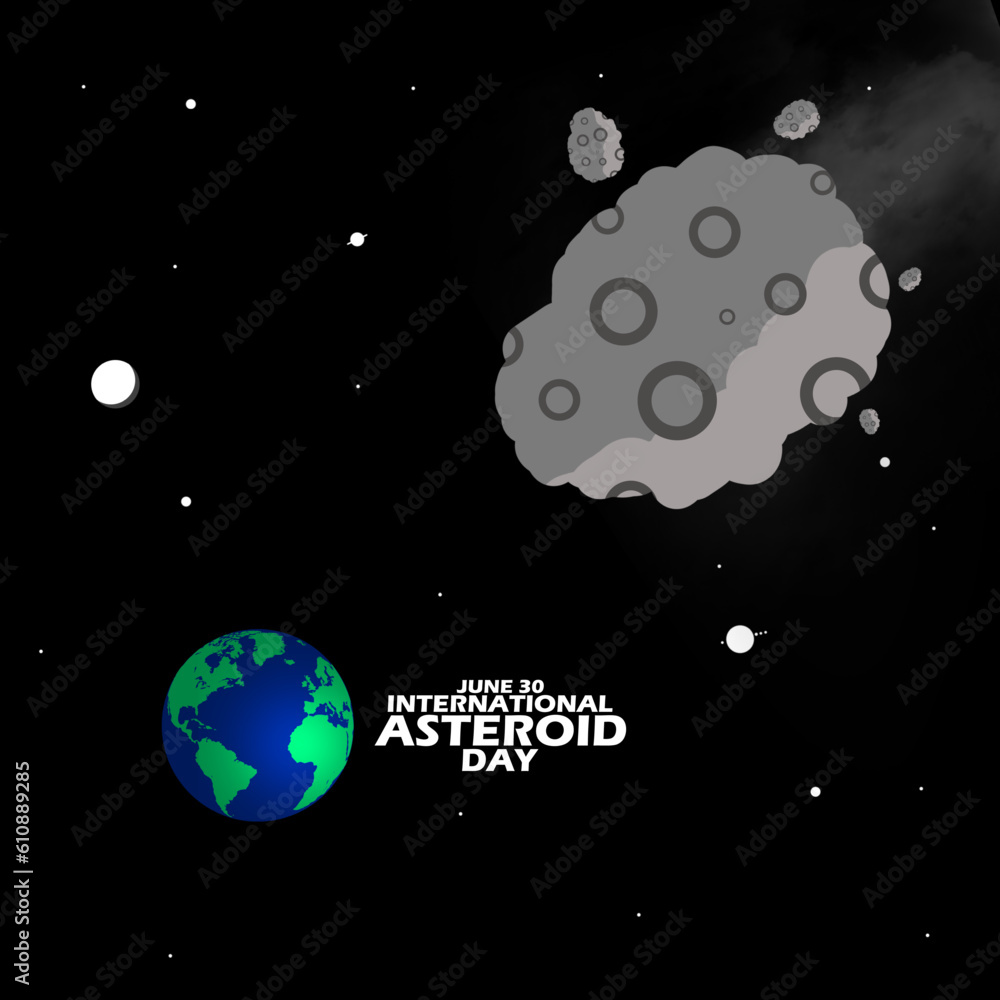 Fototapeta premium A large asteroid passing through the earth with stars and bold text on black background to commemorate International Asteroid Day on June 30
