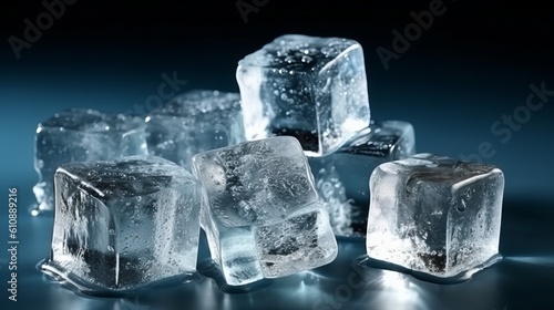 Ice cubes on a dark blue background. Close-up image.