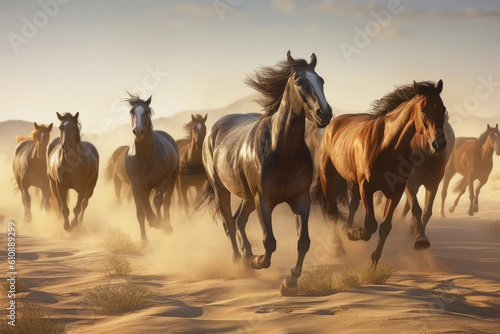 Small herd of free wild brown horses running on loose sand in the desert against the background of cloudy sky and mountain landscape. Generative AI.