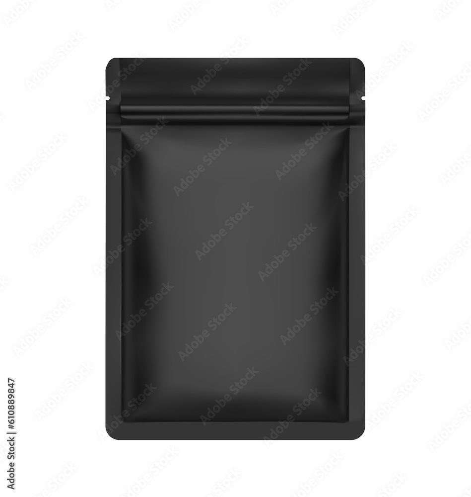 Realistic black stand up pouch bag mockup. Vector illustration isolated on white background. Front view. Can be use for template your design, presentation, promo, ad. EPS10. Realistic black stand up pouch bag mockup. Vector illustration isolated on white background. Front view. Can be use for template your design, presentation, promo, ad. EPS10.