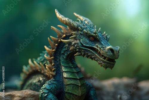 Green wooden dragon against a blurred green background. Mythological  fantastic beast.Symbol of 2024. Chinese New Year. Generative AI.