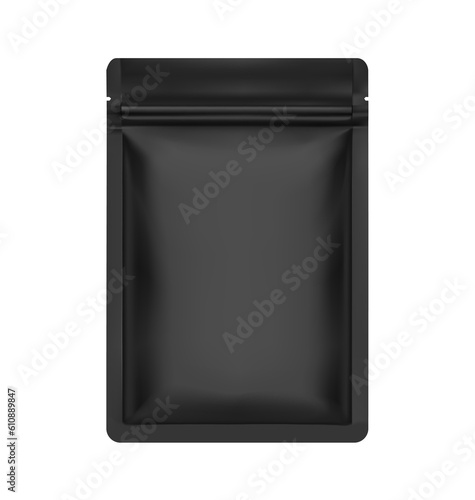 Realistic black stand up pouch bag mockup. Vector illustration isolated on white background. Front view. Can be use for template your design, presentation, promo, ad. EPS10.