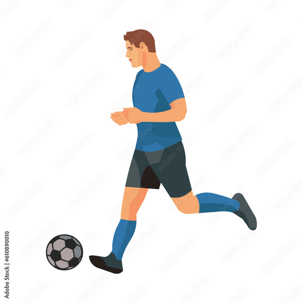 Vector isolated figure of a football player in blue sports equipment in profile runs after the ball
