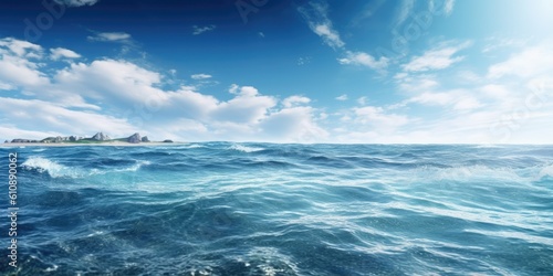 Beautiful seascape panorama, ocean sea wave surface and clear blue sky. Generative AI © Slanapotam
