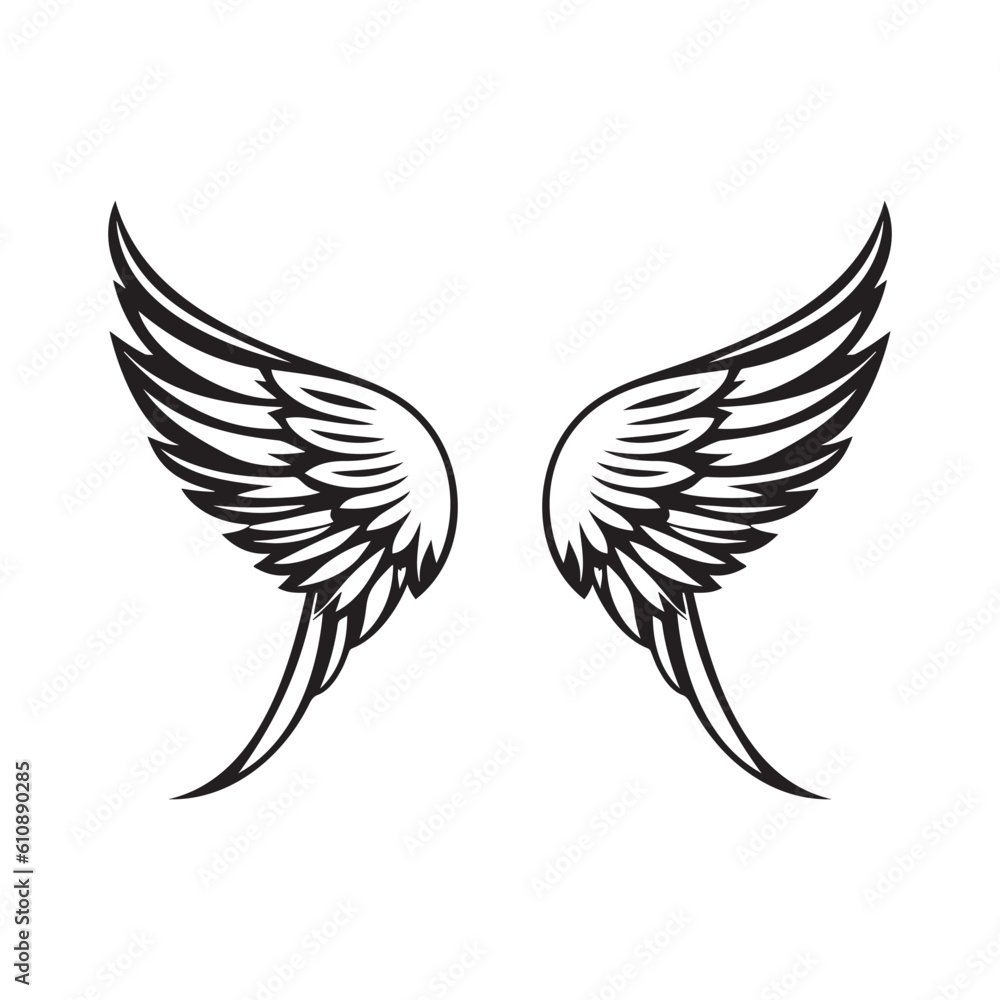Fototapeta premium Wings black and white vector icon.