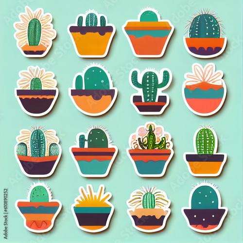 flat art cactus stickers cartoon style vector Generative AI