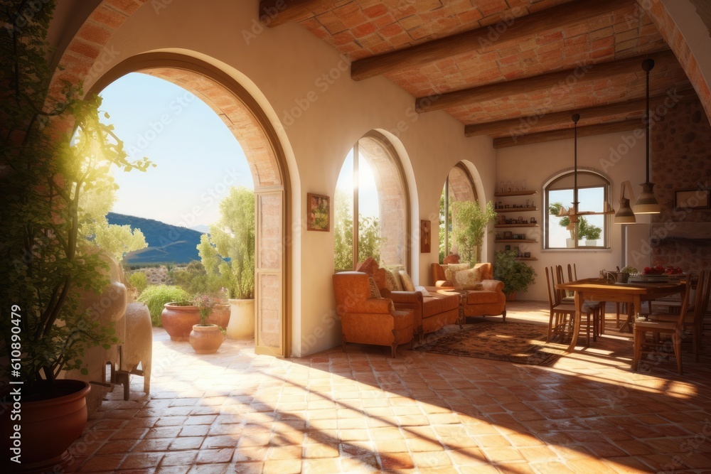 Fototapeta premium Stylish Italian house terrace, living room interior. Generative AI
