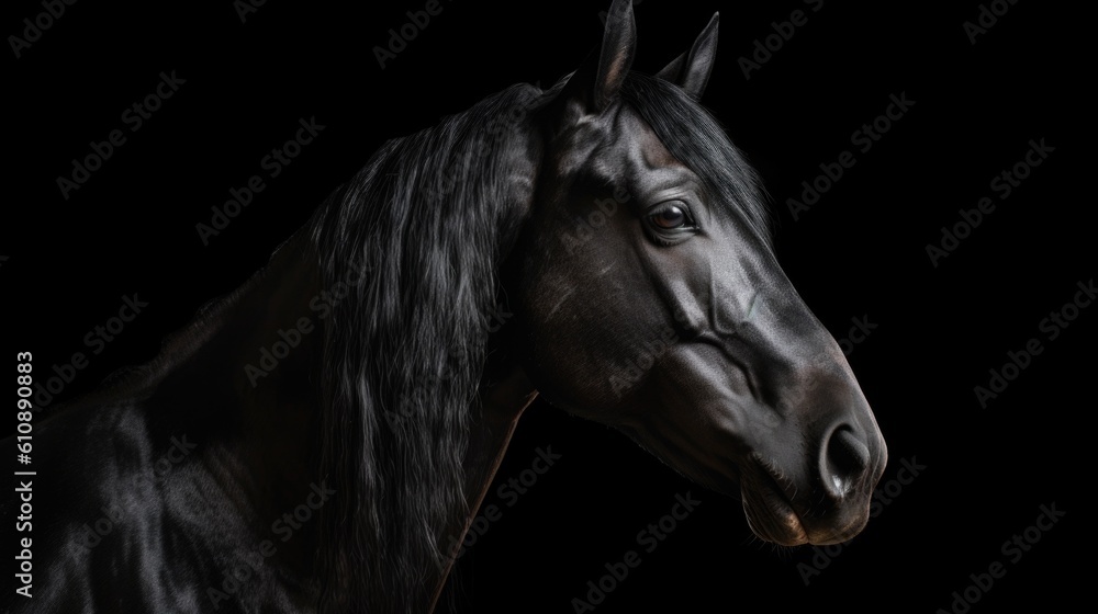 Graceful black horse with luxurious mane looks at camera standing on dark background. Portrait of elegant animal generative AI