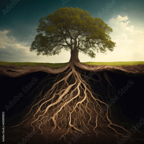 A large tree with a strong root system in the soil. Image taken by AI