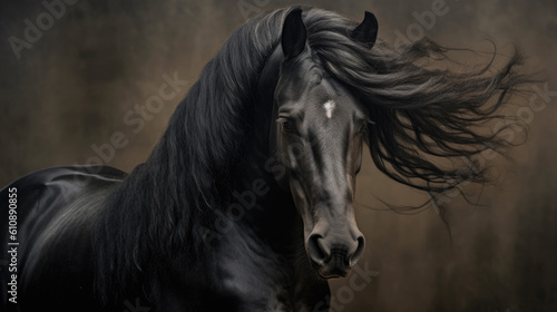 Graceful black horse with luxurious mane looks at camera standing on dark background. generative AI © Valeriia