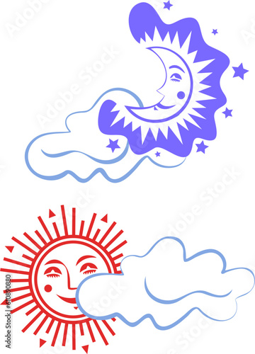 Moon and sun with face in the clouds. Design elements, stickers. Linear vector illustration isolated on white background. 