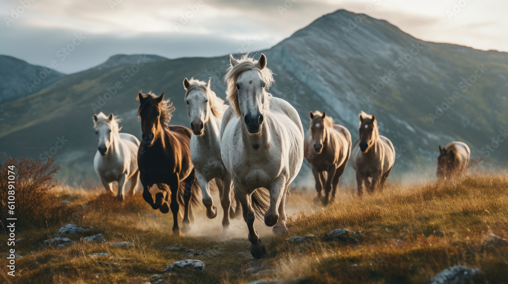 Herd of graceful brown horses standing on dusty meadow at bright sunlight. generative AI Herd of graceful brown horses standing on dusty meadow at bright sunlight. generative AI