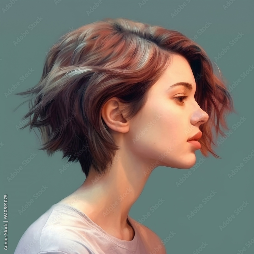 Portrait of a beautiful girl with short hair on a gray background. Generative AI Portrait of a beautiful girl with short hair on a gray background. Generative AI